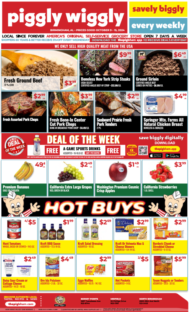 Piggly Wiggly weekly ad for October 9-15, 2024, featuring discounts on fresh meats, produce, and grocery items. Highlights include fresh ground beef, boneless New York strip steaks, and a free A-Game Sports Drink deal.